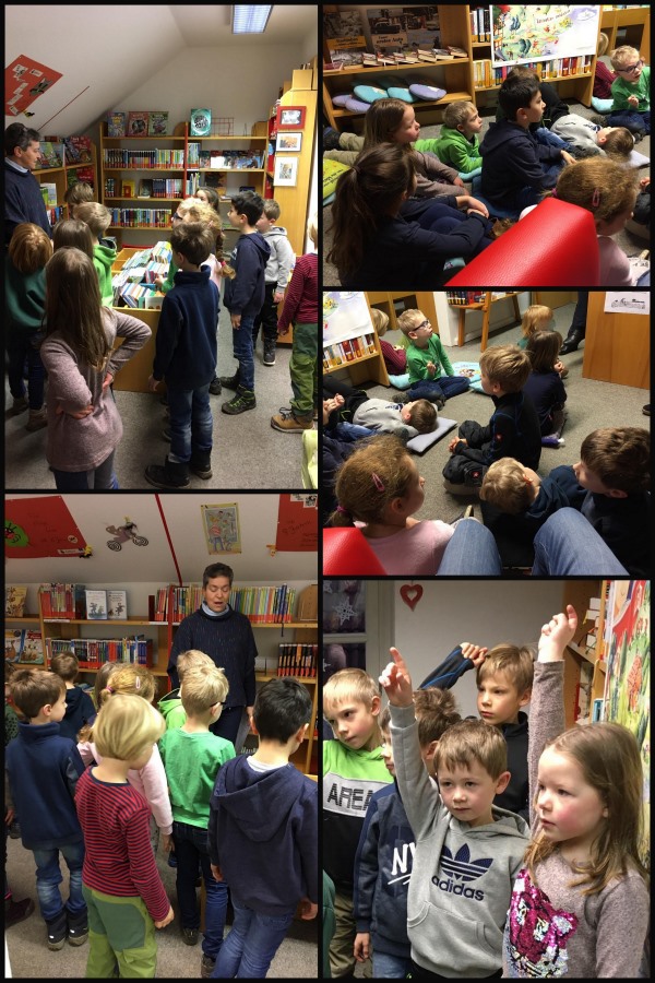 Bilder des Besuchs der 1. Klasse in der Bücherei in Dromersheim