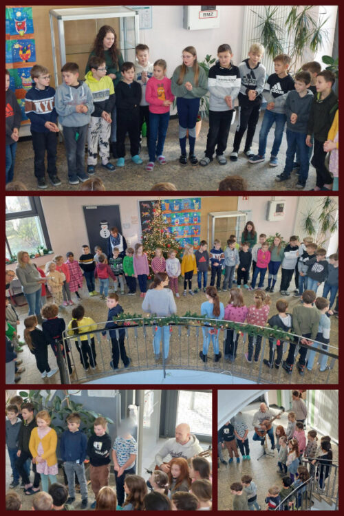 Collage aus Bildern. Auf den Bildern sind die Kinder  im Treppenhaus zu sehen. Herr Krapf begleitet die Weihnachtslieder auf der Gitarre.