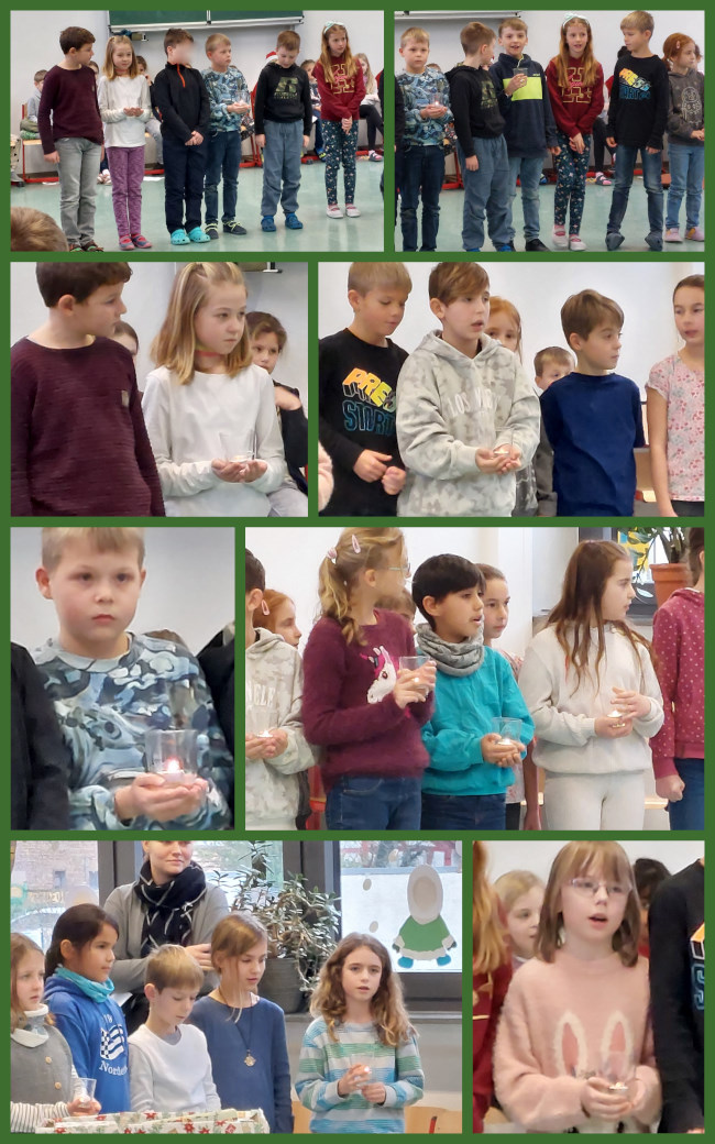 Collage aus Bildern. Die Bilder zeigen den Musikraum. Die Kinder sitzen außen im Kreis. Die einzelnen Klassen haben Vorträge vorbereitet. Man sieht die vortragenden Kinder in der Mitte.