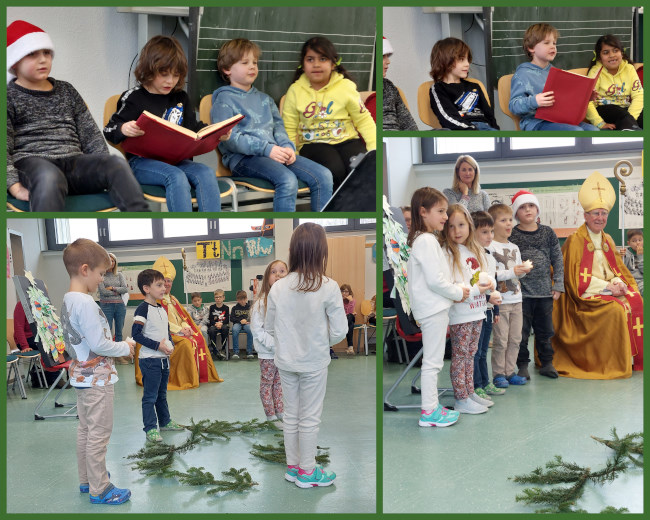 Collage aus Bildern. Die Bilder zeigen den Musikraum. Die Kinder sitzen außen im Kreis. Die einzelnen Klassen haben Vorträge vorbereitet. Man sieht die vortragenden Kinder in der Mitte.