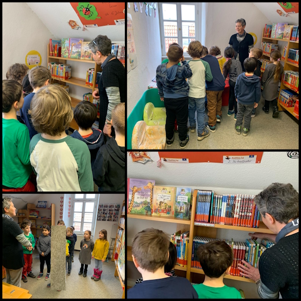 Collage aus Bildern. In den einzelnen Bildern sieht man, wie die Kinder Erklärungen zum Aufbau der Bücherei erhalten.