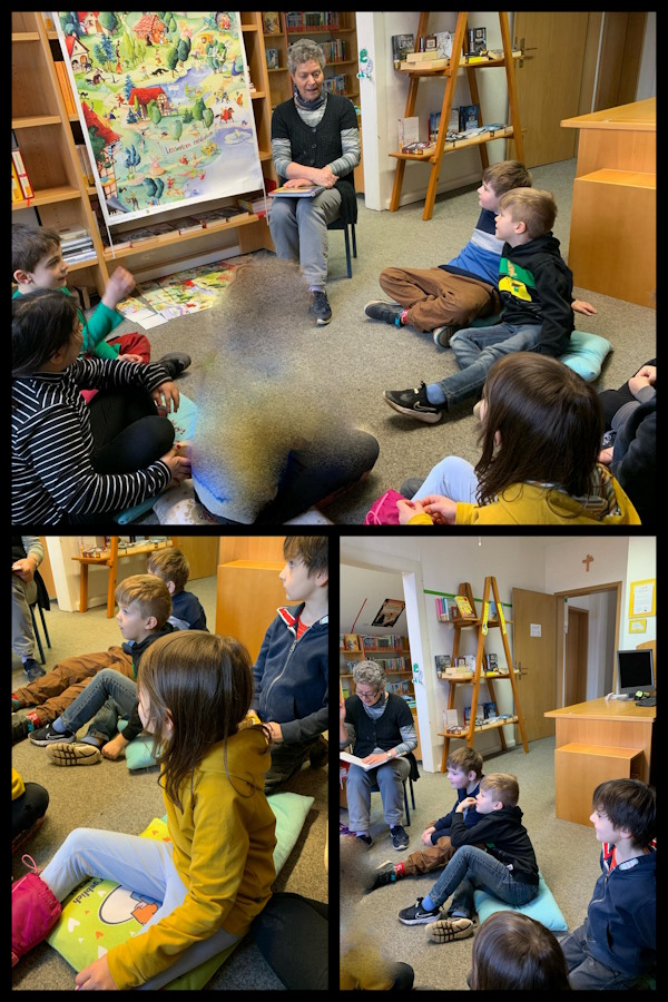Collage aus Bildern des Büchereibesuchs. Die Kinder sitzen im Kreis auf dem Boden und bekommen von Frau Fleck vorgelesen.