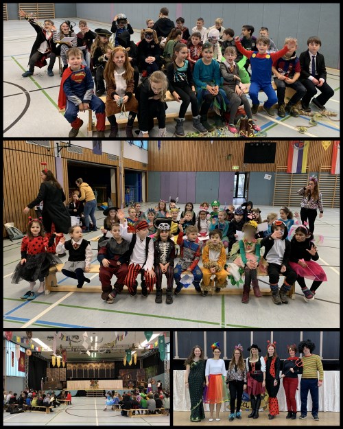 Collage aus den Bildern der Fastnachtsfeier in der Eisweinhalle.  Die Bilder zeigen einen Blick auf die Bühne, ein Gruppenfoto des Kollegiums und Fotos der zuschauenden Kinder.