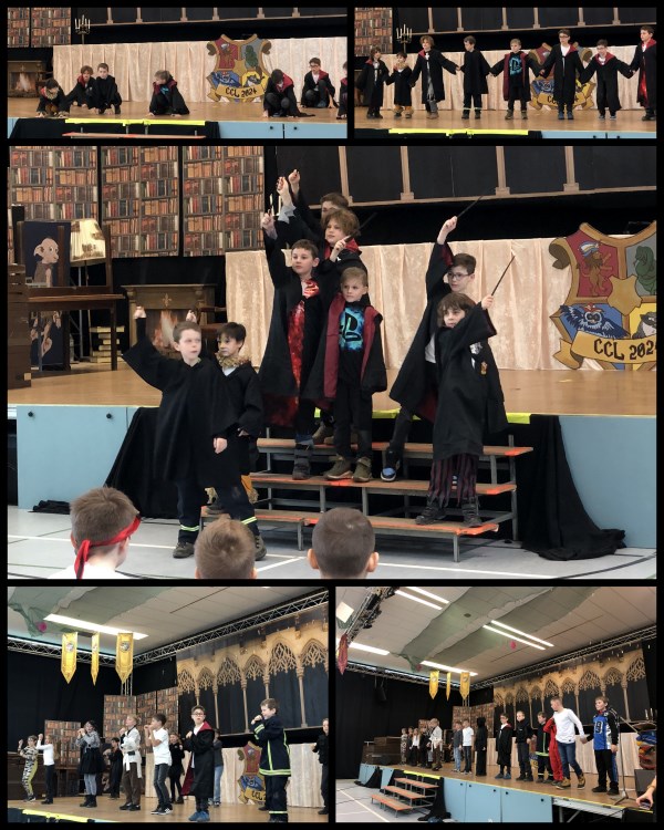 Collage aus Bildern der Beiträge der Kinder auf der Bühne. Hier die Jungs in Harry Potter Kostümen.