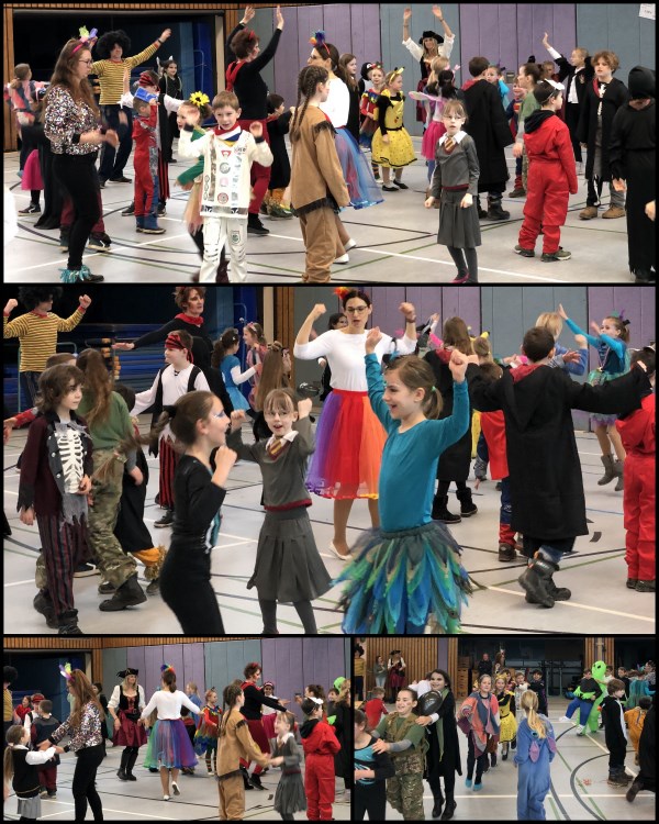 Collage aus Bildern der tanzenden und singenden Kinder in der Halle.