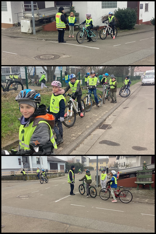 Eine Collage aus Bildern des Verkehrstrainings. In den einzelnen Bilder sind die Kinder mit gelben Westen zu sehen, die von der sind die Kinder mit den Fahrrädern zu sehen.
