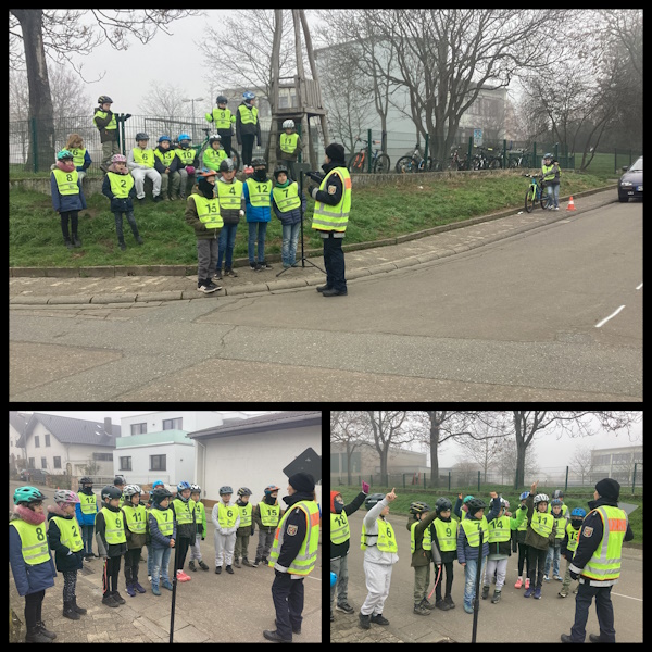 Eine Collage aus Bildern des Verkehrstrainings. In den einzelnen Bilder sind die Kinder mit gelben Westen zu sehen, die von der Polizistin der Verkehrsschule Erklärungen erhalten.